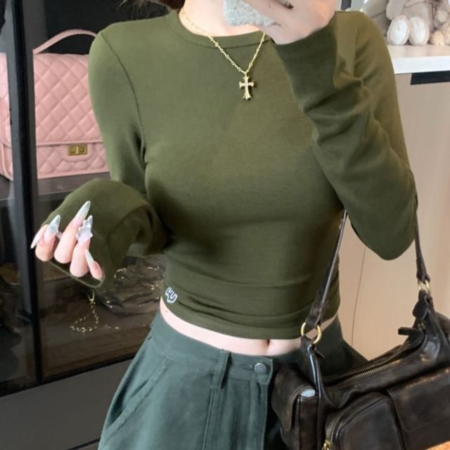 Trendycas-Long Sleeve Round Neck Plain Crop Tee