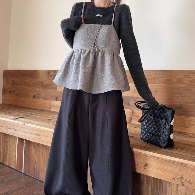 Trendycas-Long-Sleeve Round Neck Plain Knit Top Spaghetti Strap Plain Flowy Camisole Top High Rise Baggy Pants