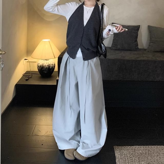 Trendycas-Long Sleeve Round Neck Plain Top Halter Plain Button Sweater Vest High Waist Plain Barrel Leg Baggy Pants