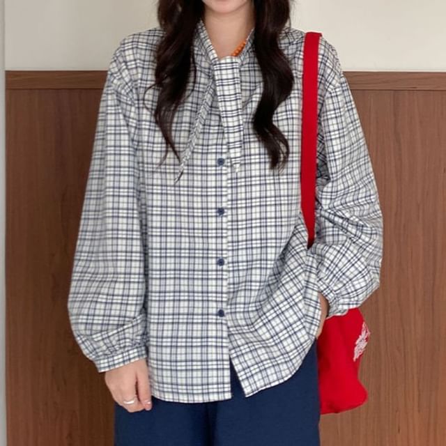 Trendycas-Long-Sleeve Stand Collar Plaid Button-Up Blouse