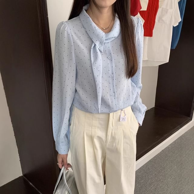 Trendycas-Long-Sleeve Tie Neck Dotted Blouse