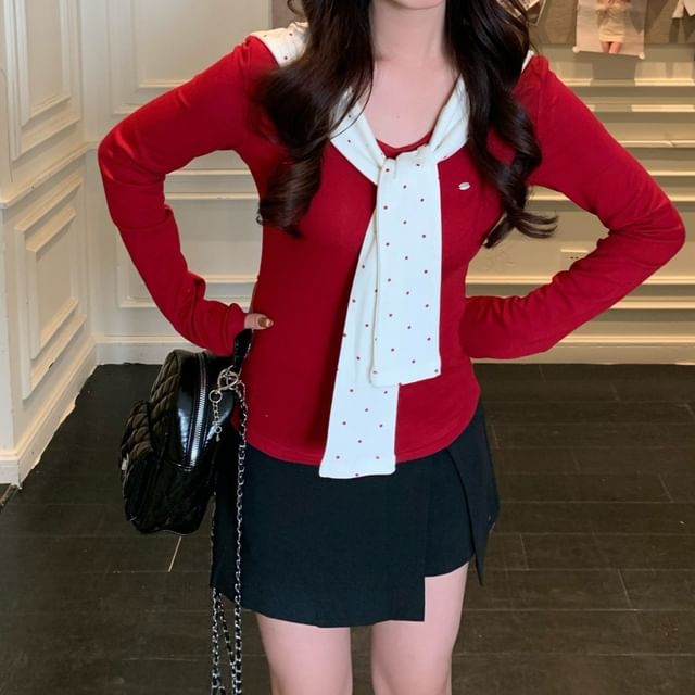 Trendycas-Long Sleeve Tie Neck Micro Dotted Mock Two Piece Top