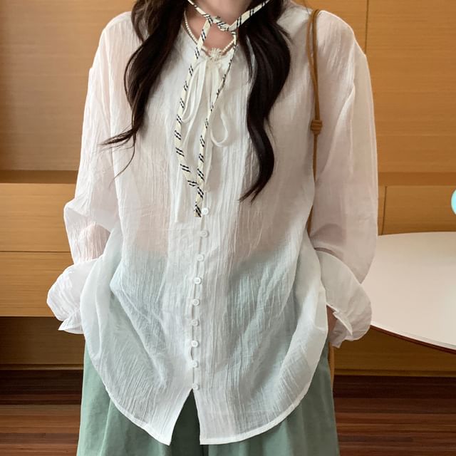 Trendycas-Long Sleeve Tie Neck Plain Blouse