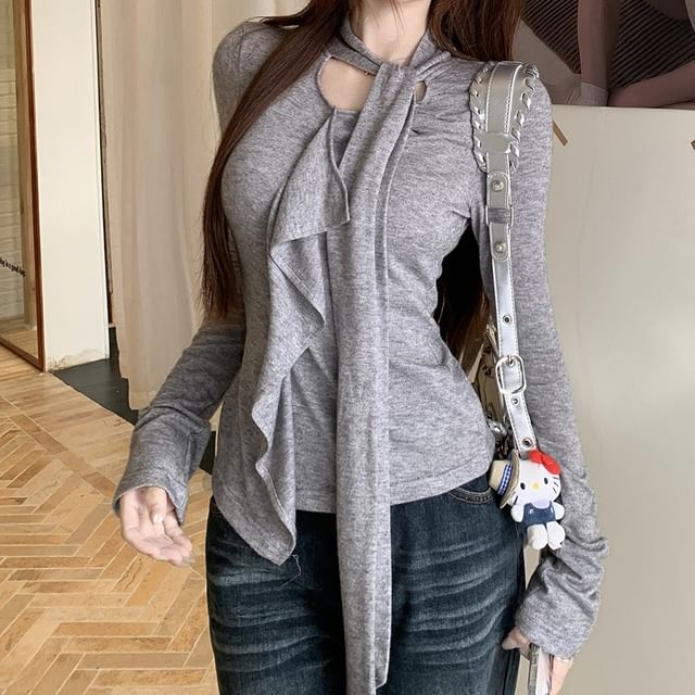 Trendycas-Long Sleeve Tie Neck Plain Ruffle Top