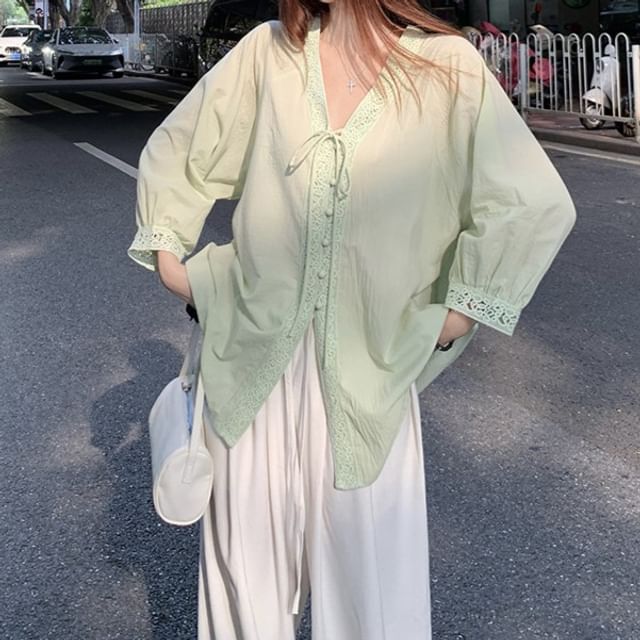 Trendycas-Long-Sleeve V-Neck Button-Up Plain Shirt