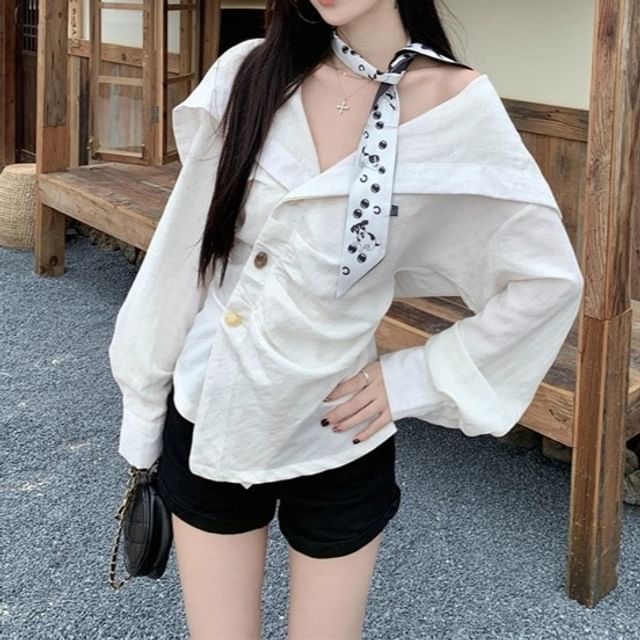 Trendycas-Long-Sleeve V-Neck Plain Ruched Blouse