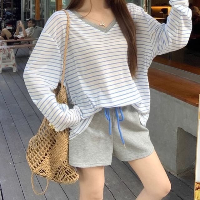 Trendycas-Long-Sleeve V-Neck Striped Contrast Trim Tee Drawstring Waist Melange Shorts