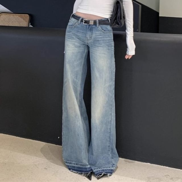 Trendycas-Low Waist Contrast Trim Washed Flared Jeans