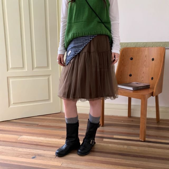 Trendycas-Mesh Bubble Knee-Length Skirt