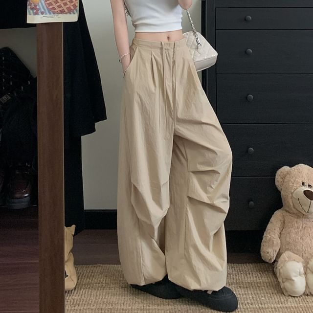 Trendycas-Mid Rise Plain Baggy Parachute Pants