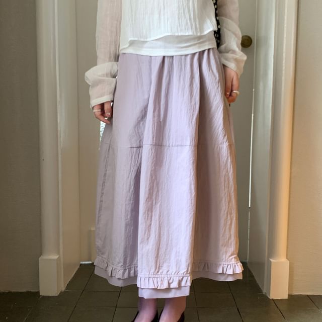 Trendycas-Mid Rise Plain Ruffle Maxi A-Line Skirt
