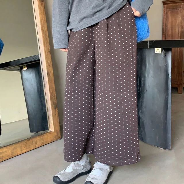 Trendycas-Mid Waist Dotted Wide Leg Pants