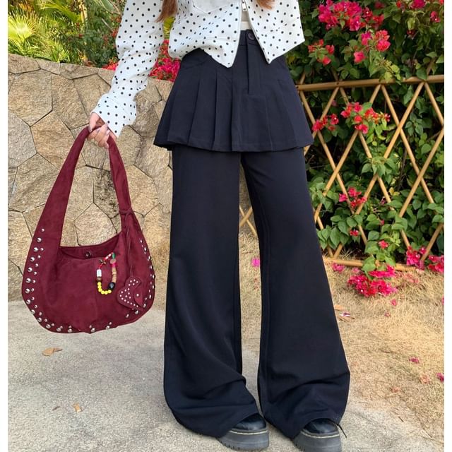 Trendycas-Mid Waist Overlay Wide Leg Pants