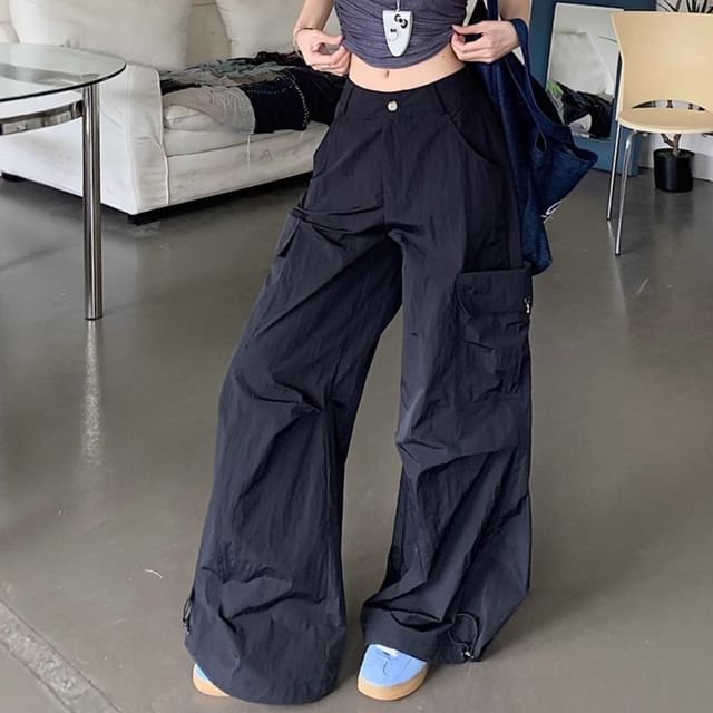 Trendycas-Mid Waist Plain Baggy Cargo Pants