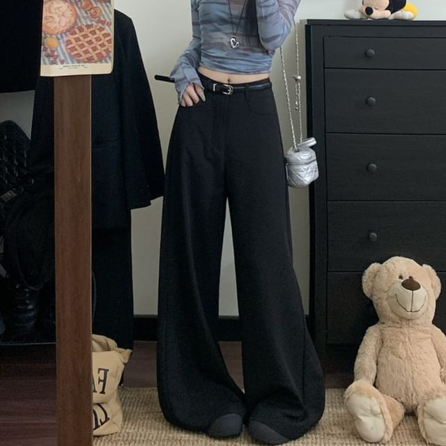 Trendycas-Mid Waist Plain Baggy Pants