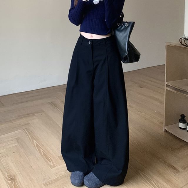 Trendycas-Mid Waist Plain Baggy Pants