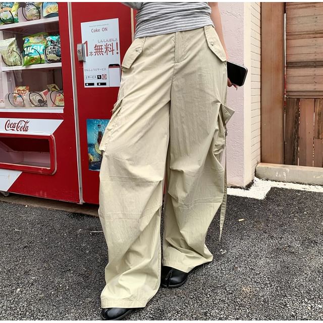 Trendycas-Mid Waist Plain Wide Leg Cargo Pants