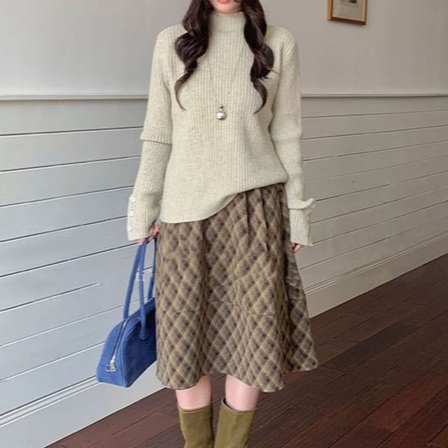 Trendycas-Mock Neck Plain Ribbed Sweater