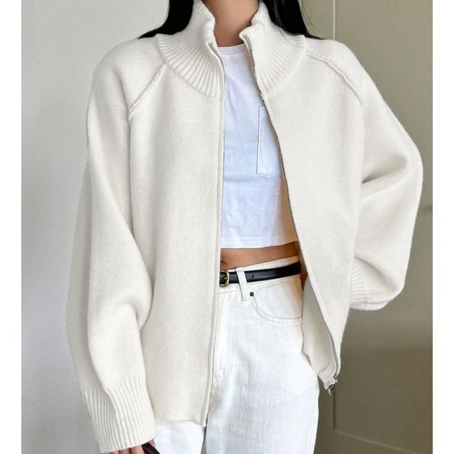 Trendycas-Mock Neck Plain Zip Cardigan