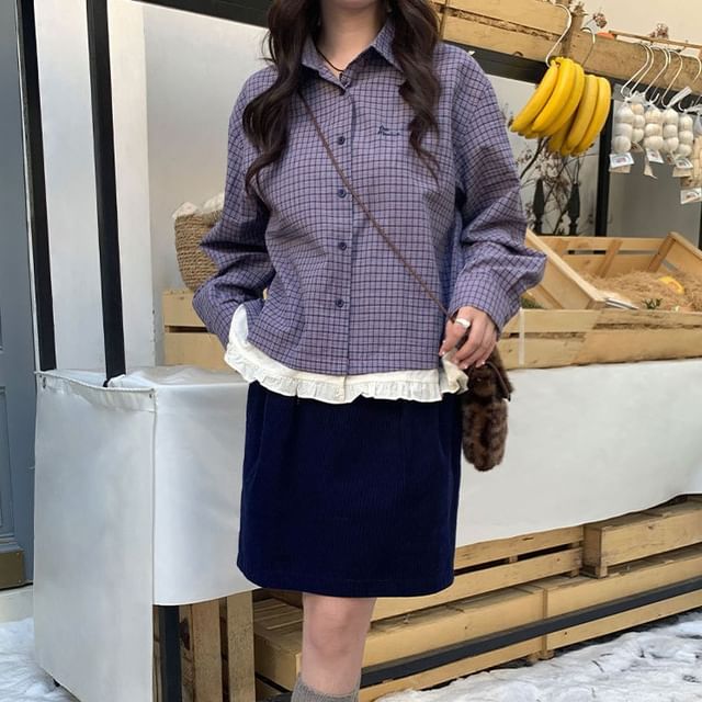 Trendycas-Mock Two-Piece Long-Sleeve Collared Plaid Frill Trim Button-Up Blouse