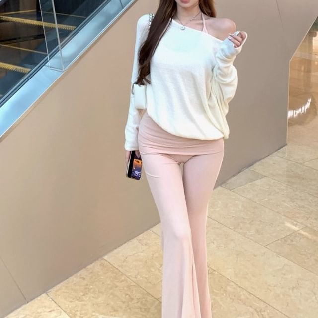 Trendycas-One Shoulder Plain Sweater Halter Plain Padded Top High Waist Panel Flared Pants