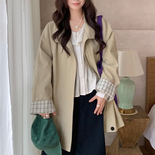 Trendycas-Plaid Collar Zip Jacket