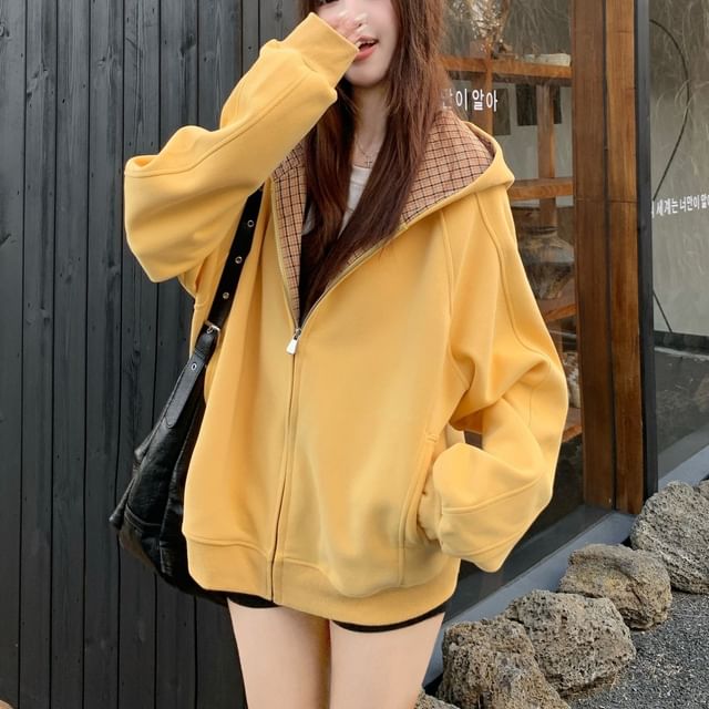 Trendycas-Plaid Lining Zip-Up Hoodie