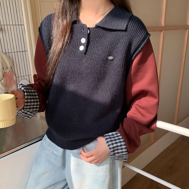 Trendycas-Plaid Panel Polo Sweater