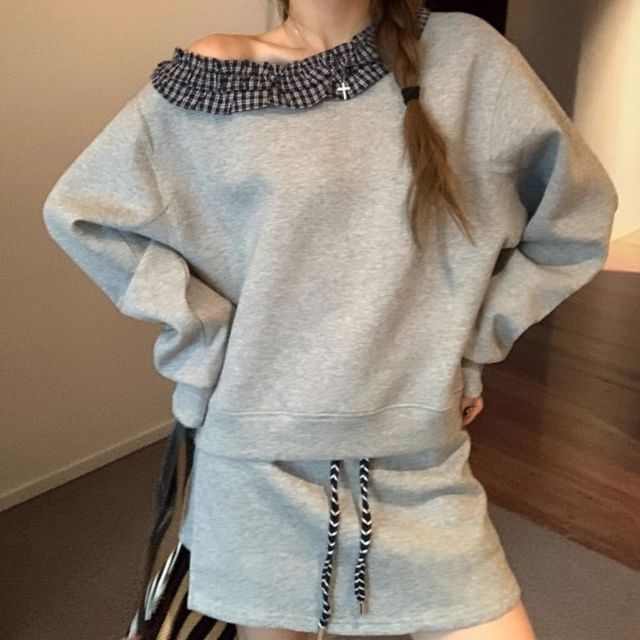 Trendycas-Plaid Ruffle Pullover Mini Skort