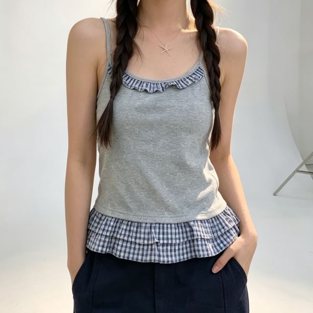 Trendycas-Plaid Trim Crop Camisole Top