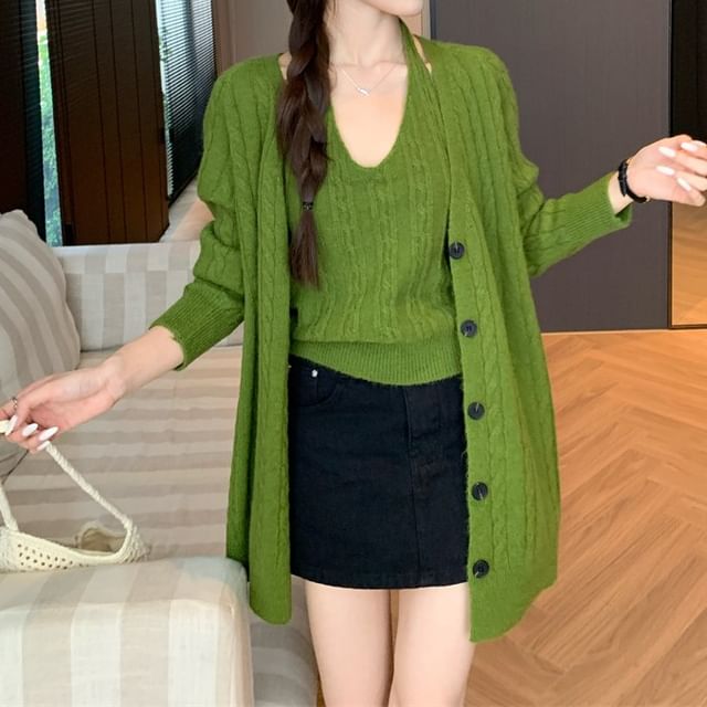 Trendycas-Plain Cardigan Halter Neck Top