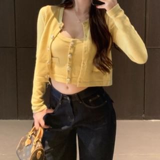 Trendycas-Plain Crop Cardigan Cami Top