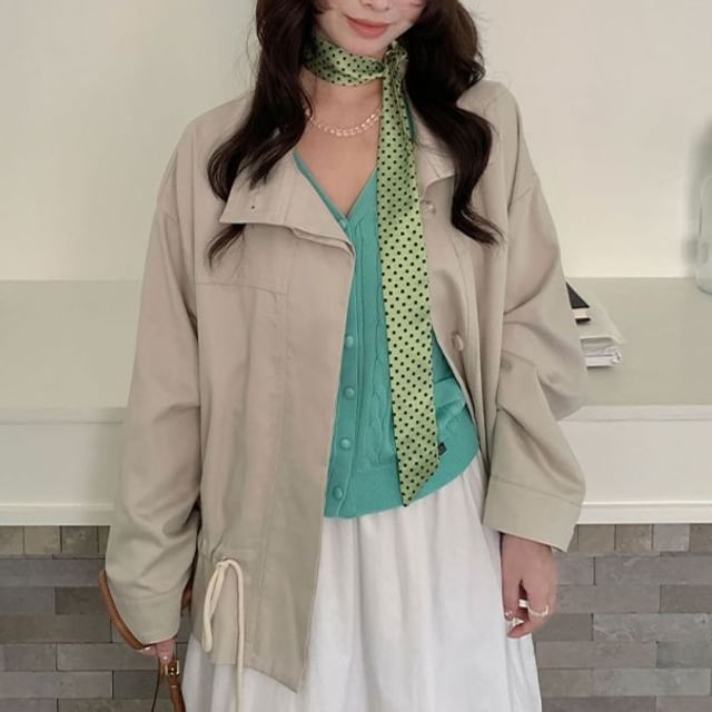 Trendycas-Plain Drawstring Single-Breasted Jacket