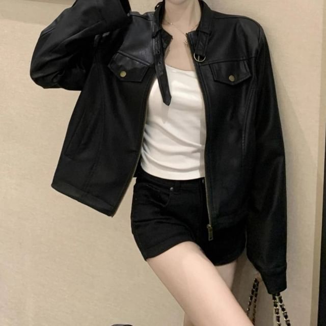 Trendycas-Plain Faux Leather Zip Jacket
