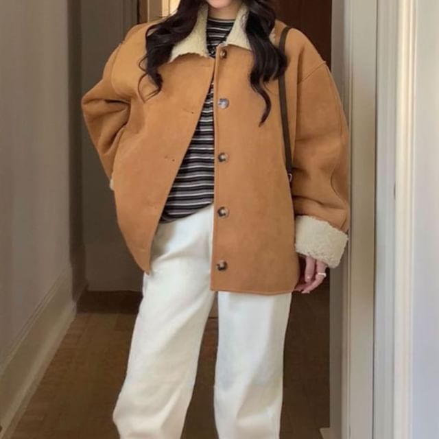 Trendycas-Plain Fluffy Trim Single-Breasted Jacket