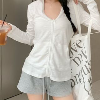 Trendycas-Plain Hooded Zip Jacket Drawstring Waist Sweat Shorts