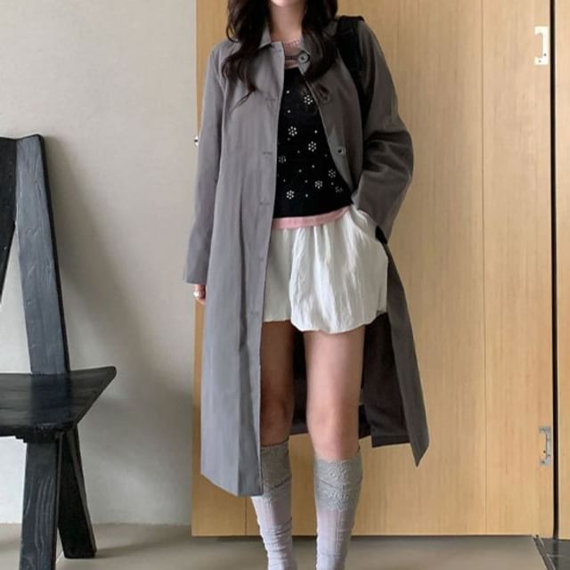 Trendycas-Plain Midi Single-Breasted Trench Jacket
