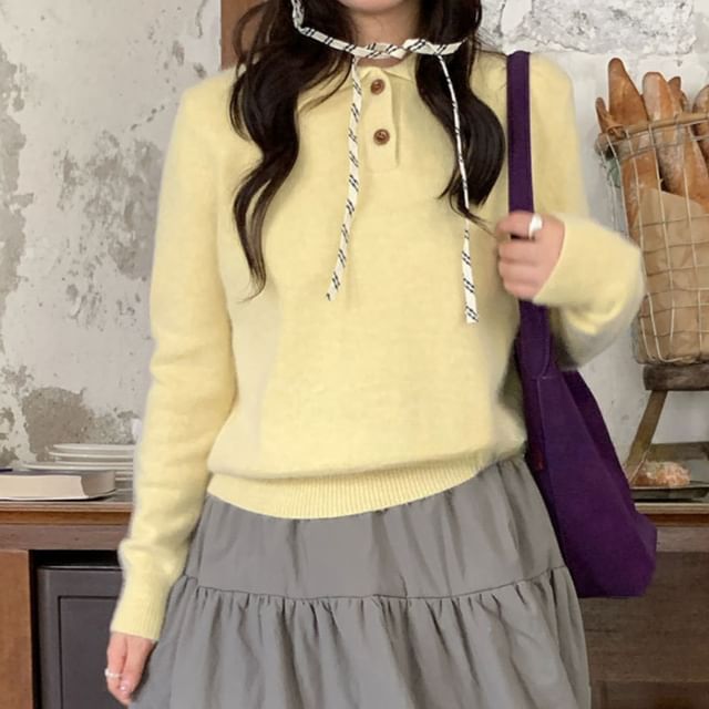 Trendycas-Plain Polo Knit Top