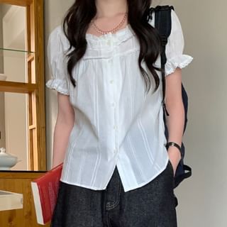 Trendycas-Puff-Sleeve Plain Lace Trim Blouse