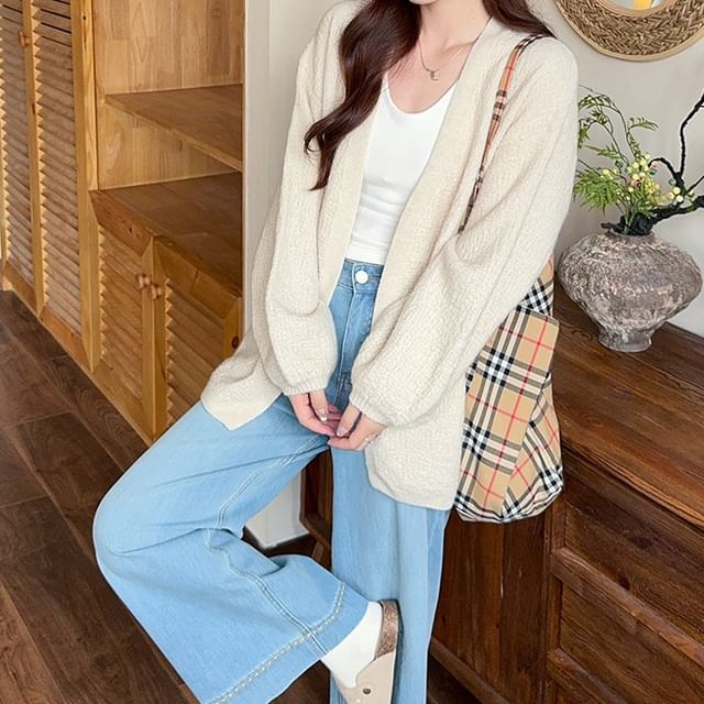 Trendycas-Puff-Sleeve Plain Open Front Cardigan