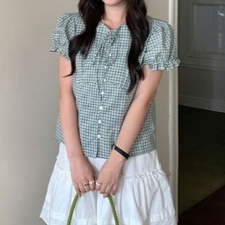 Trendycas-Puff-Sleeve Tie-Neck Plaid Button-Up Blouse