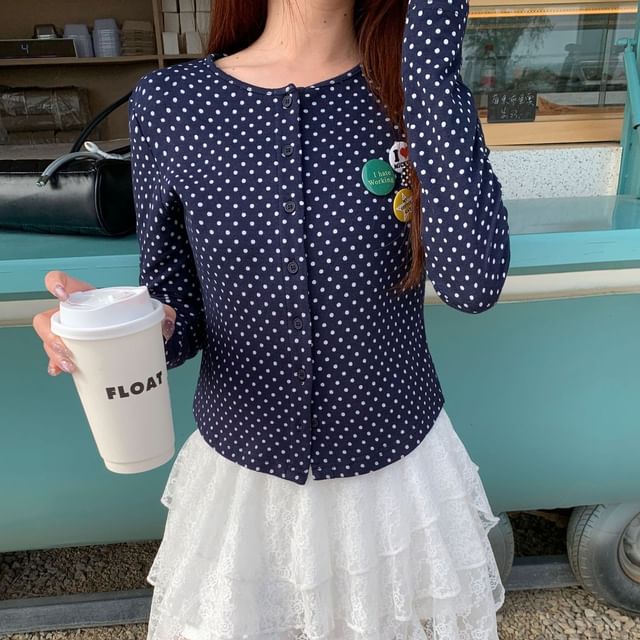 Trendycas-Round Neck Dotted Cardigan