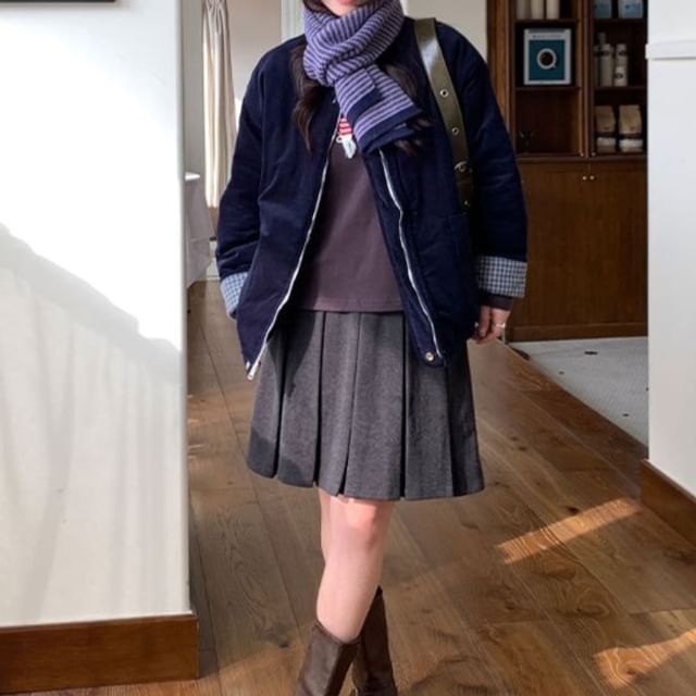 Trendycas-Round Neck Plaid Lined Zip Jacket