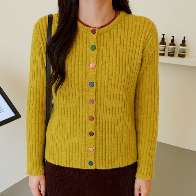 Trendycas-Round Neck Plain Button Up Cardigan