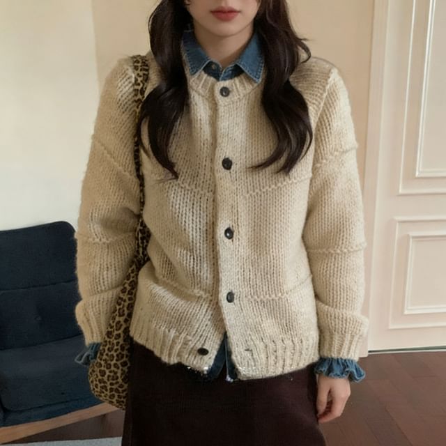 Trendycas-Round Neck Plain Button Up Cardigan