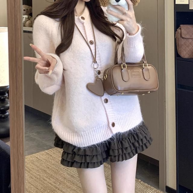 Trendycas-Round Neck Plain Cardigan