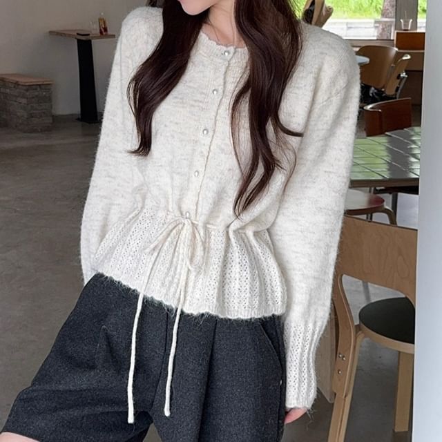 Trendycas-Round Neck Plain Tie Waist Cardigan