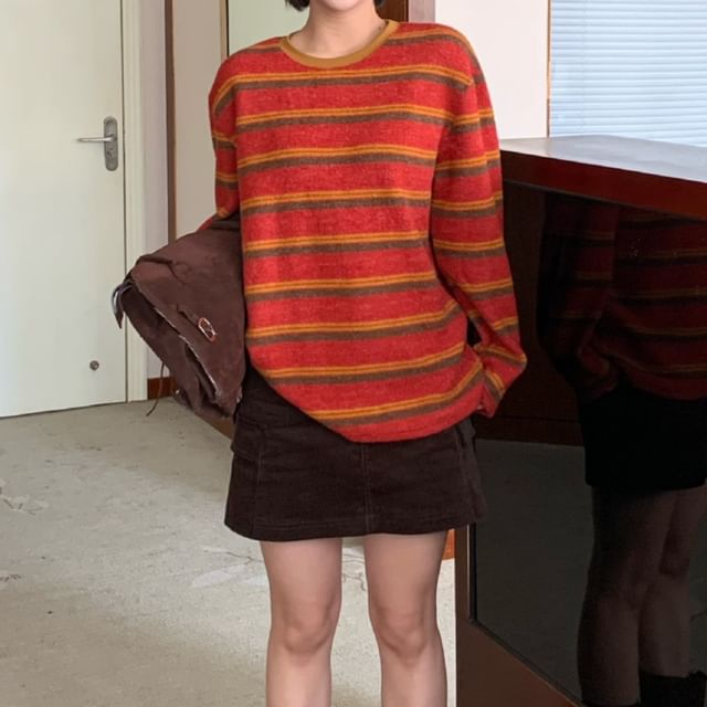 Trendycas-Round Neck Striped Sweater