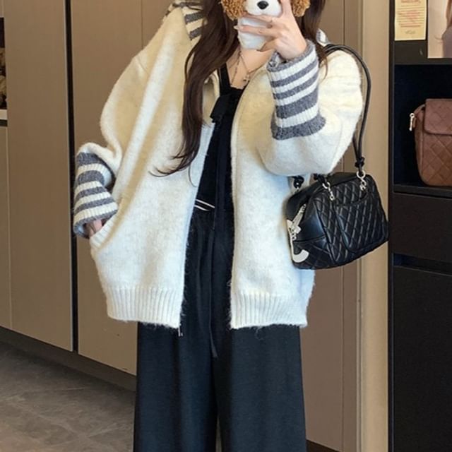 Trendycas-Sailor Collar Striped Zip Cardigan