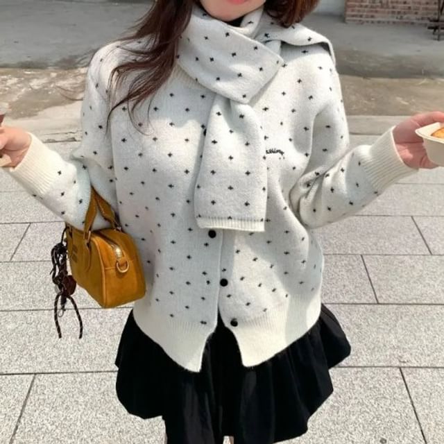 Trendycas-Set Crew Neck Dotted Button-Up Cardigan Scarf